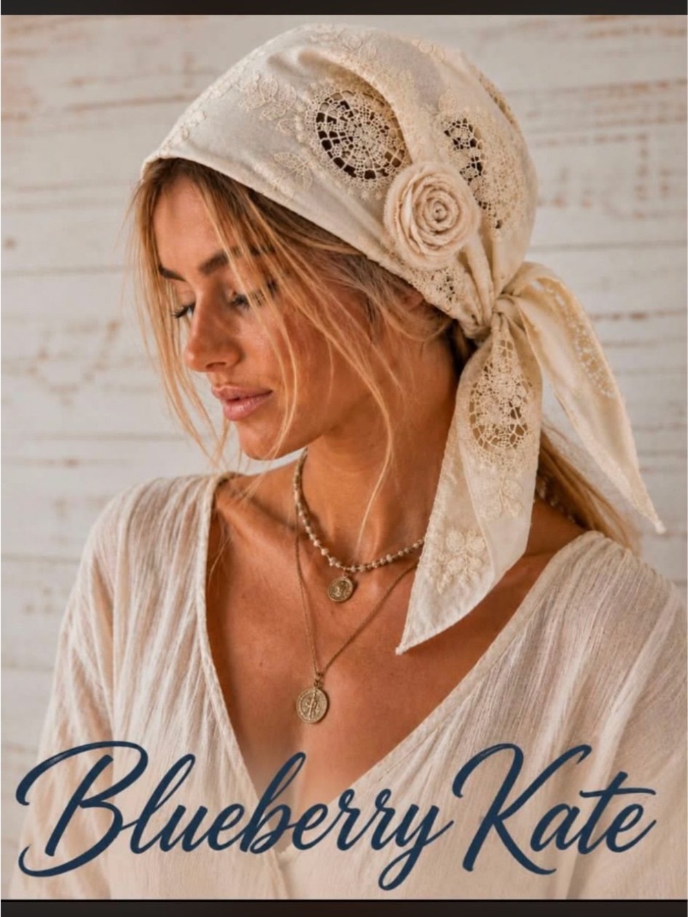Cream Lace Tie Headscarf with Rosette NWOT